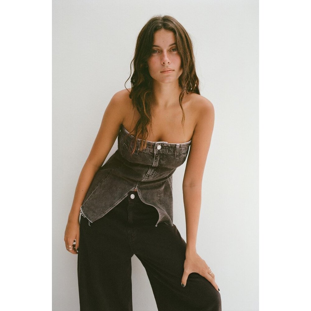NWOT Zara washed black denim bustier bandeau corset top, S